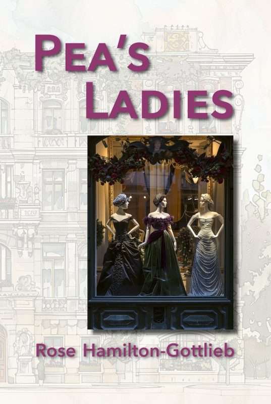 Pea's Ladies book cover shoing a framed shop window with mannequins dressed in period clothing