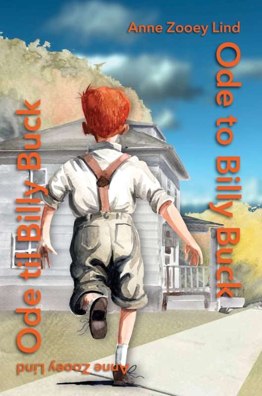 A boy with red hair, wearing short gray pants and a short-sleeved white shirt is running down the street in 1950s Ames, Iowa